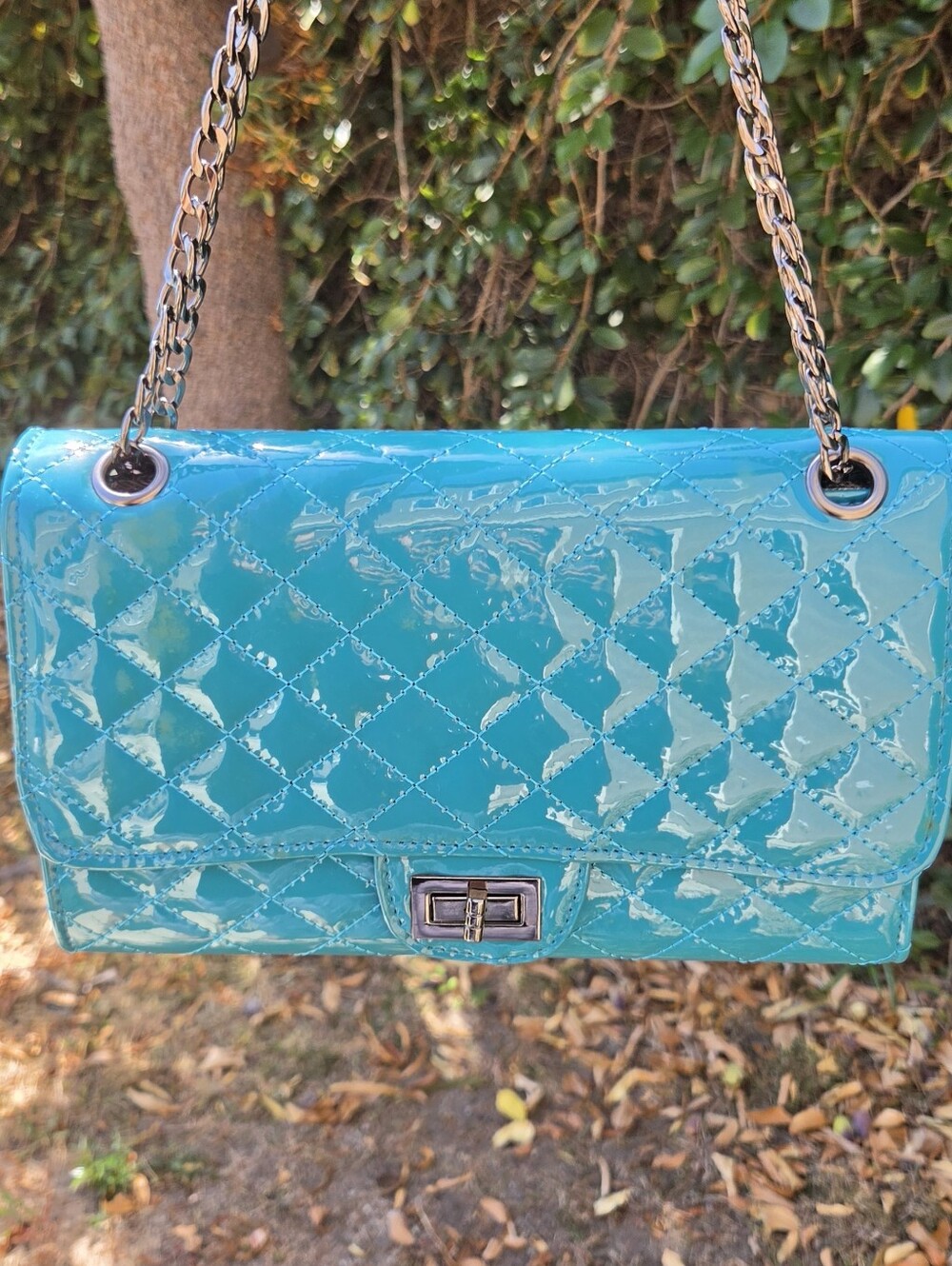 Source Unknown Teal Quilted Patent Chain Shoulder Chanel-style Bag